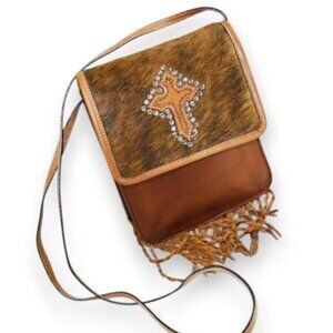Montana Silversmiths Brown Leather Western Fringe Rhinestone Crossbody B…